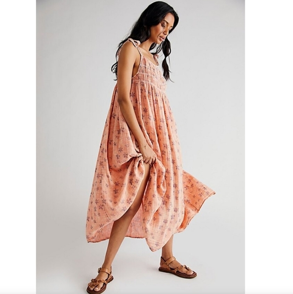 Free People Azure Maxi Dress Gauzy Cotton Ivory Combo Peach Blue Cream Size XL - Picture 1 of 16